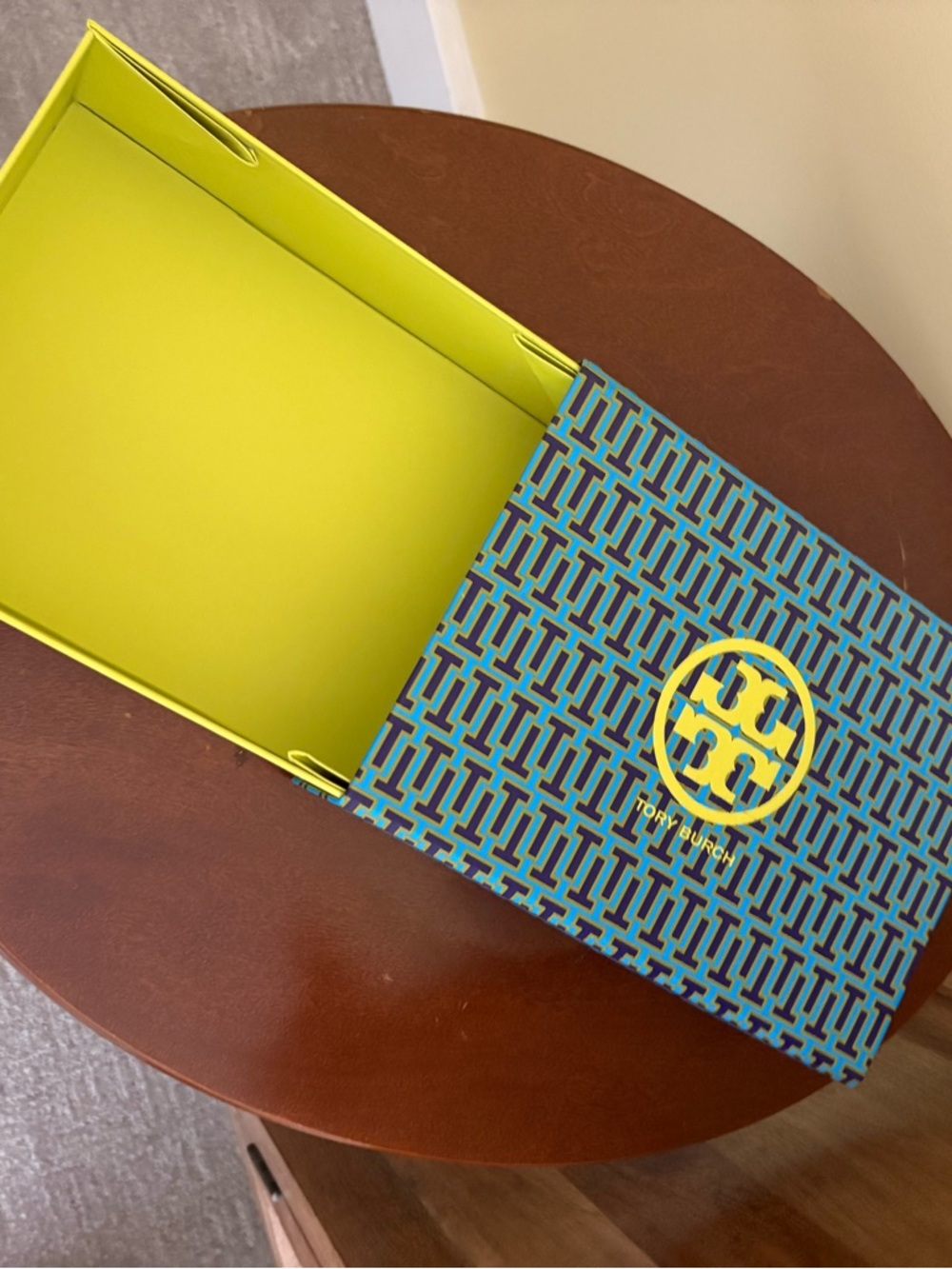 Tory Burch Blue Patterned Box with Bright Yellow Interior